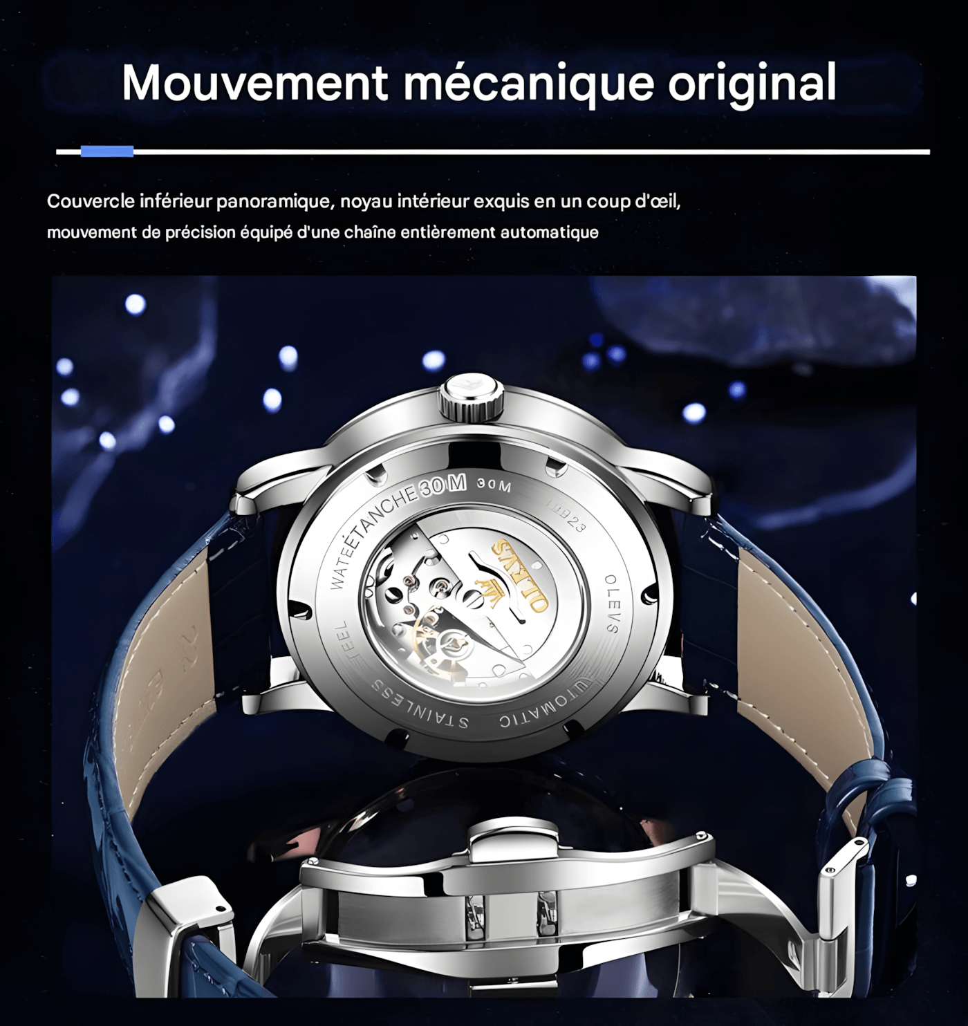 MONTRE MÉCANIQUE HOMME CIEL ÉTOILÉ « SKY MOON » – AUTOMATIQUE DE LUXE AVEC PHASES DE LUNE ET BRACELET EN CUIR BLEU