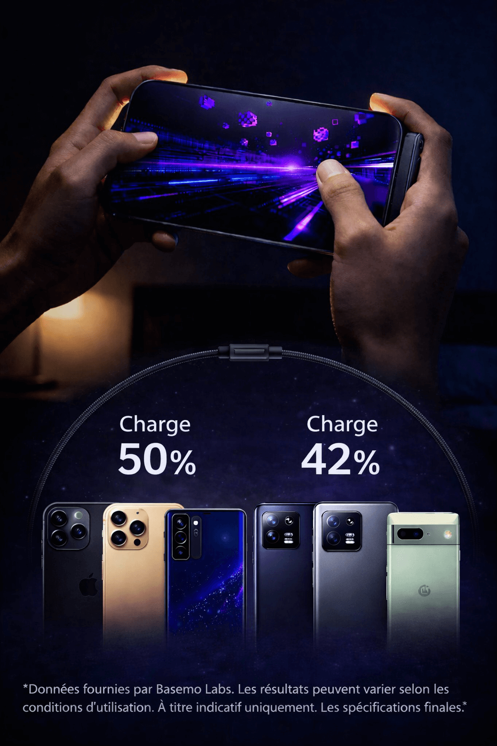 CHARGEUR CABLE INVISIBLE 2-EN-1 AVEC SUPPORT & CHARGEMENT ULTRA RAPIDE 240W