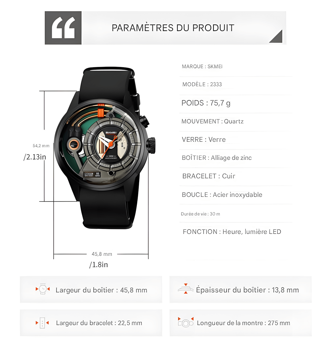 MONTRE HOMME SKMEI 2333 EN CUIR ÉTANCHE ÉLÉGANTE, MODERNE ET SPORTIVE
