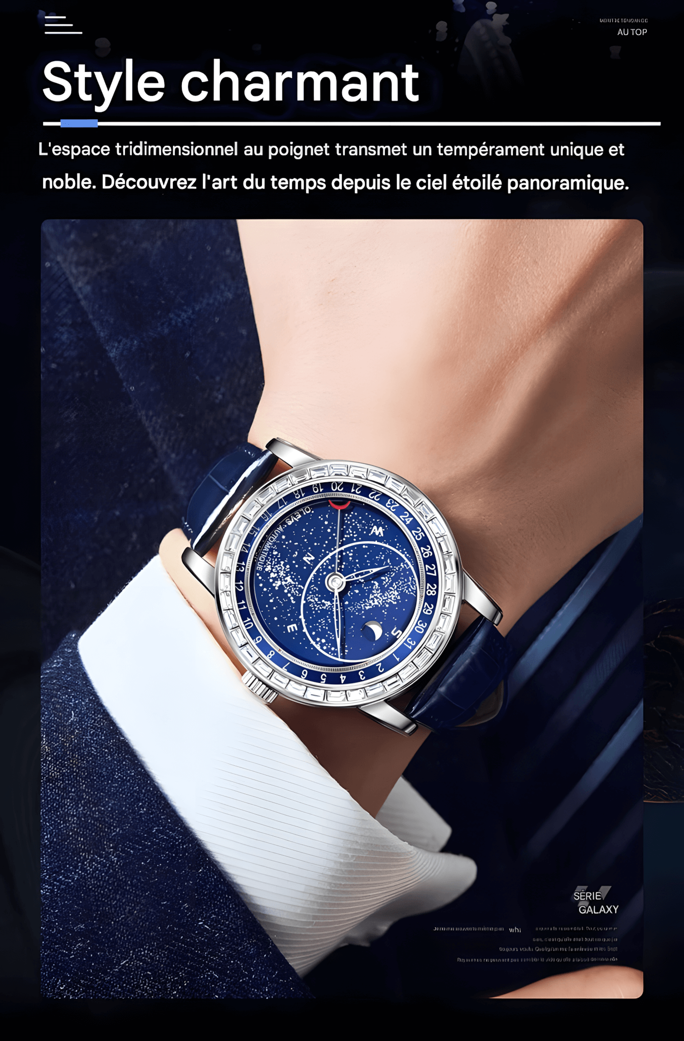 MONTRE MÉCANIQUE HOMME CIEL ÉTOILÉ « SKY MOON » – AUTOMATIQUE DE LUXE AVEC PHASES DE LUNE ET BRACELET EN CUIR BLEU