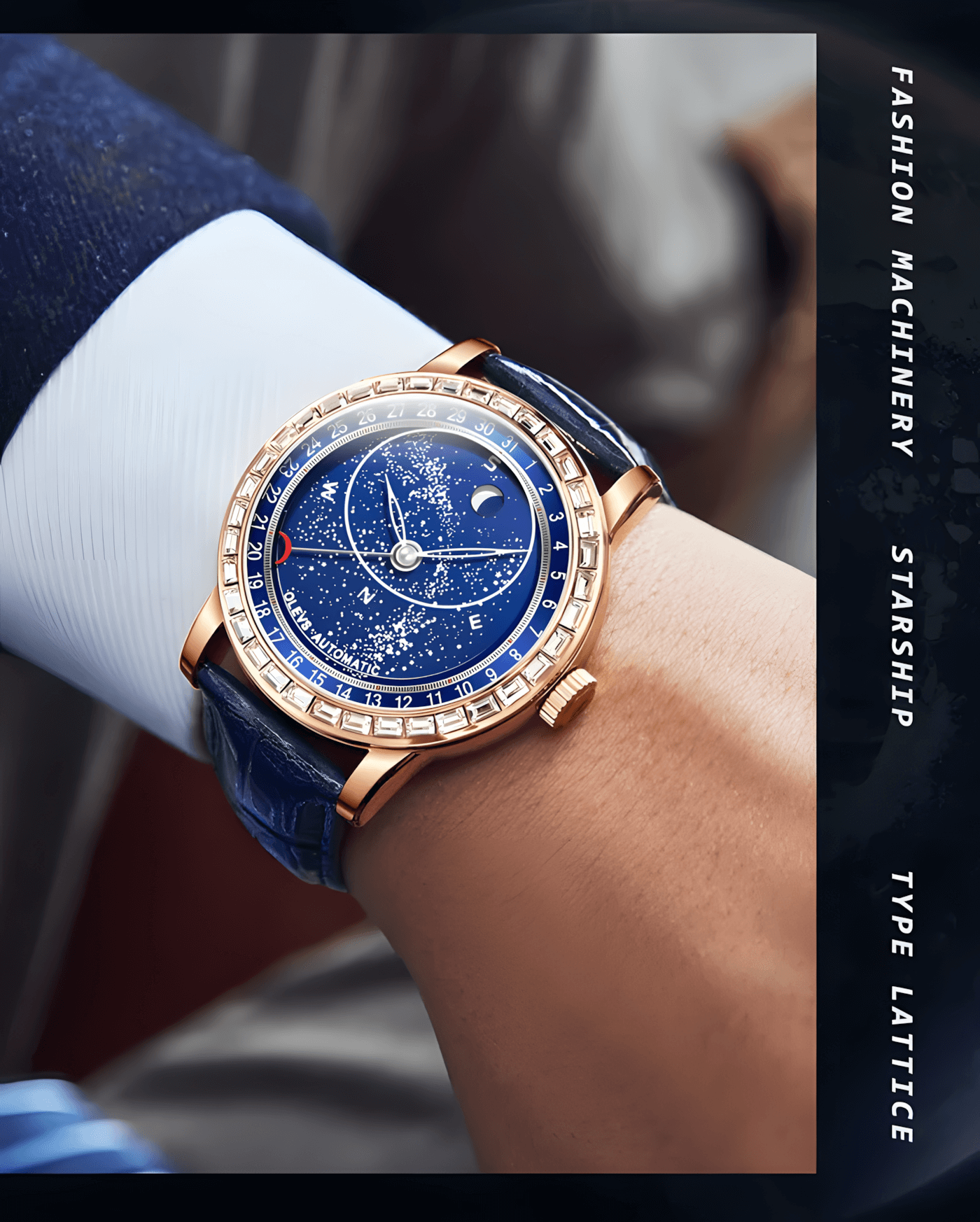 MONTRE MÉCANIQUE HOMME CIEL ÉTOILÉ « SKY MOON » – AUTOMATIQUE DE LUXE AVEC PHASES DE LUNE ET BRACELET EN CUIR BLEU