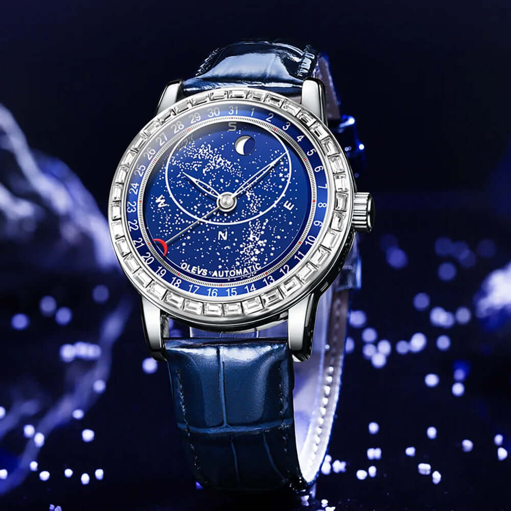 MONTRE MÉCANIQUE HOMME CIEL ÉTOILÉ « SKY MOON » – AUTOMATIQUE DE LUXE AVEC PHASES DE LUNE ET BRACELET EN CUIR BLEU