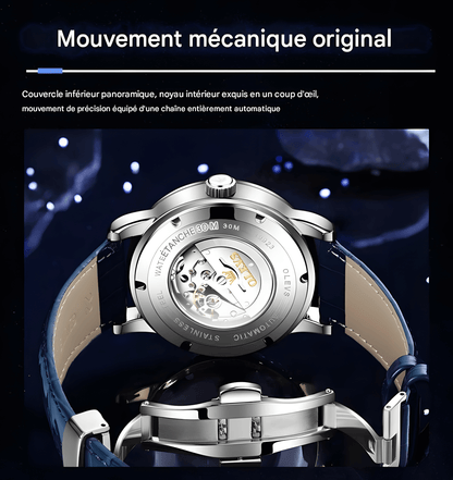 MONTRE MÉCANIQUE HOMME CIEL ÉTOILÉ « SKY MOON » – AUTOMATIQUE DE LUXE AVEC PHASES DE LUNE ET BRACELET EN CUIR BLEU