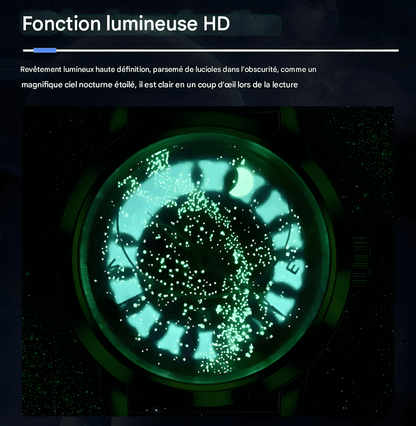 MONTRE MÉCANIQUE HOMME CIEL ÉTOILÉ « SKY MOON » – AUTOMATIQUE DE LUXE AVEC PHASES DE LUNE ET BRACELET EN CUIR BLEU