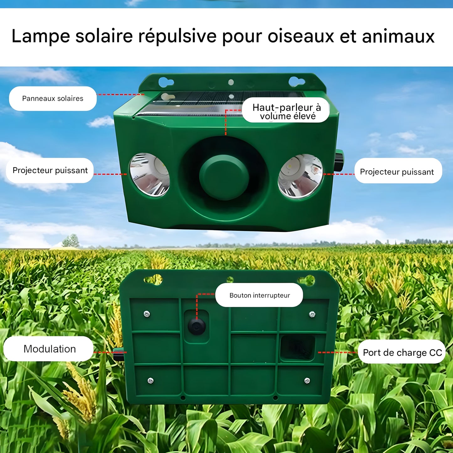 LAMPE SOLAIRE RÉPULSIVE ANTI-BÊTES AVEC ALERTE SONORE PUISSANTE ET RÉSISTANTE