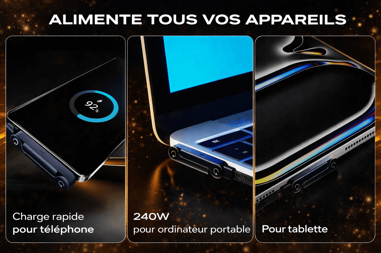 CHARGEUR CABLE INVISIBLE 2-EN-1 AVEC SUPPORT & CHARGEMENT ULTRA RAPIDE 240W