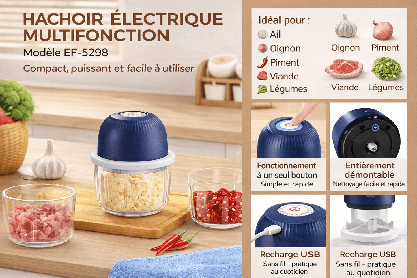 MINI HACHOIR ÉLECTRIQUE SANS FIL USB-C – ULTRA RAPIDE & MULTIFONCTION