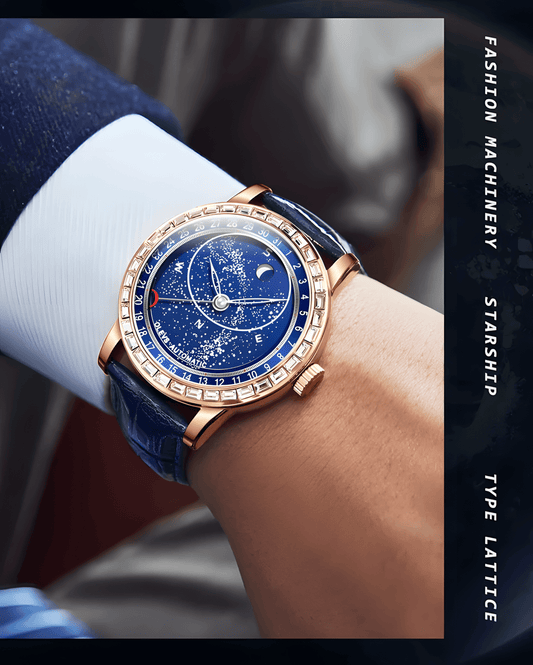 MONTRE MÉCANIQUE HOMME CIEL ÉTOILÉ « SKY MOON » – AUTOMATIQUE DE LUXE AVEC PHASES DE LUNE ET BRACELET EN CUIR BLEU
