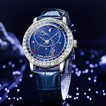 MONTRE MÉCANIQUE HOMME CIEL ÉTOILÉ « SKY MOON » – AUTOMATIQUE DE LUXE AVEC PHASES DE LUNE ET BRACELET EN CUIR BLEU