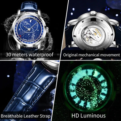 MONTRE MÉCANIQUE HOMME CIEL ÉTOILÉ « SKY MOON » – AUTOMATIQUE DE LUXE AVEC PHASES DE LUNE ET BRACELET EN CUIR BLEU